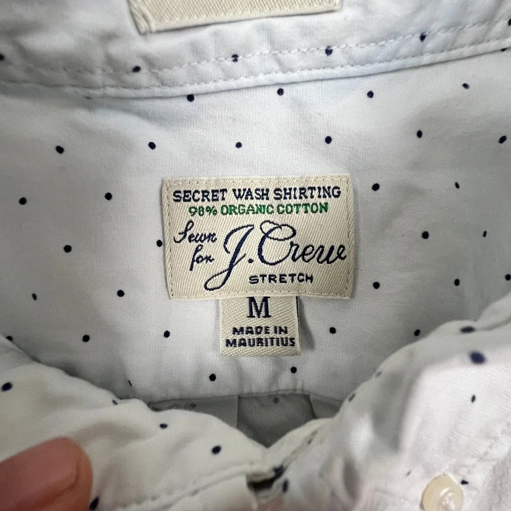 J. Crew Button Down Shirt Mens M White Polka Dot Secret Wash Stretch Classic Fit